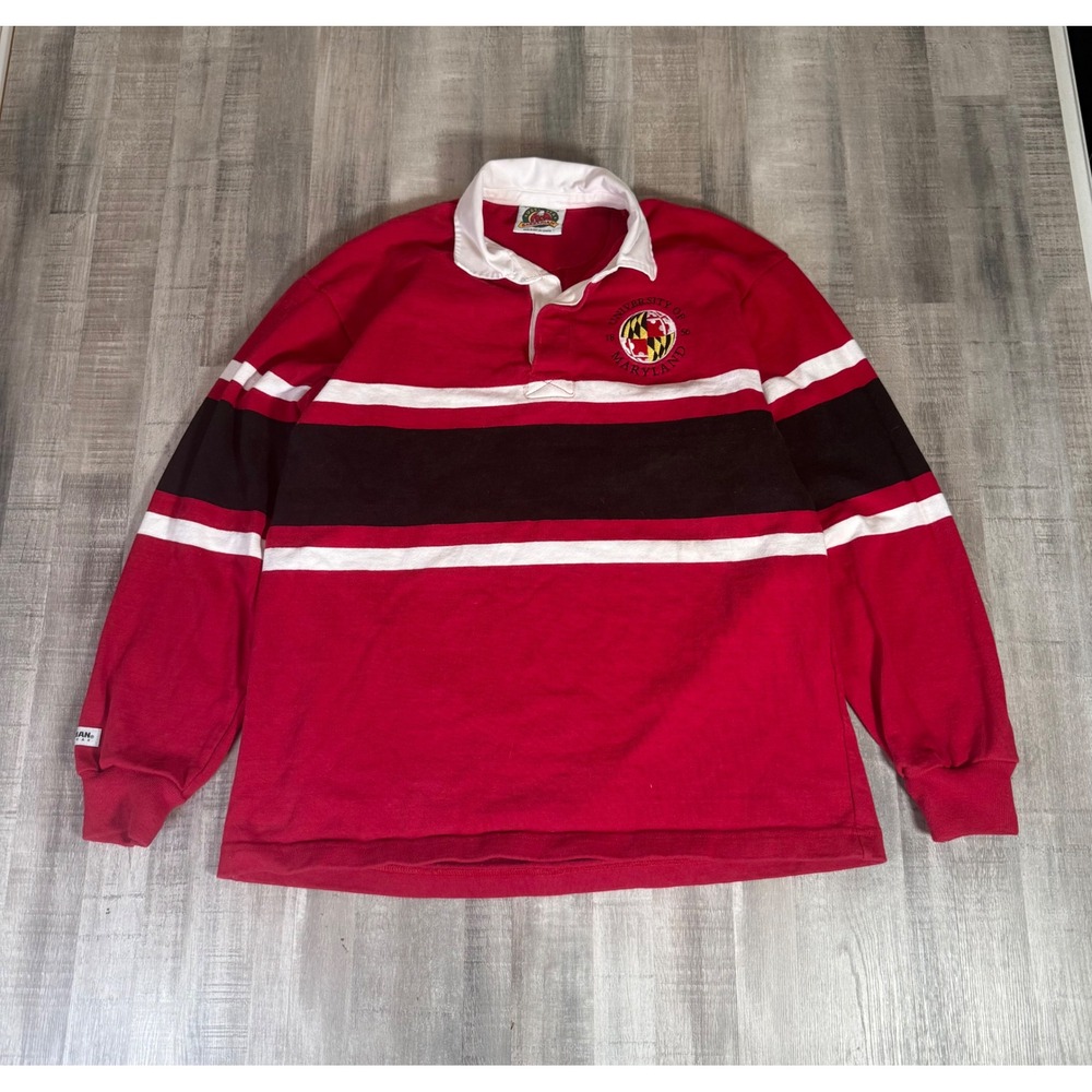 Barbarian Rugby Wear University of Maryland Striped Shirt Mens L Red Long Sleeve